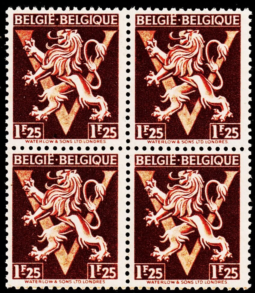 BELGIUM 1944 HERALDIC LION WITH 'V' BLOCK MINT NH STAMPS