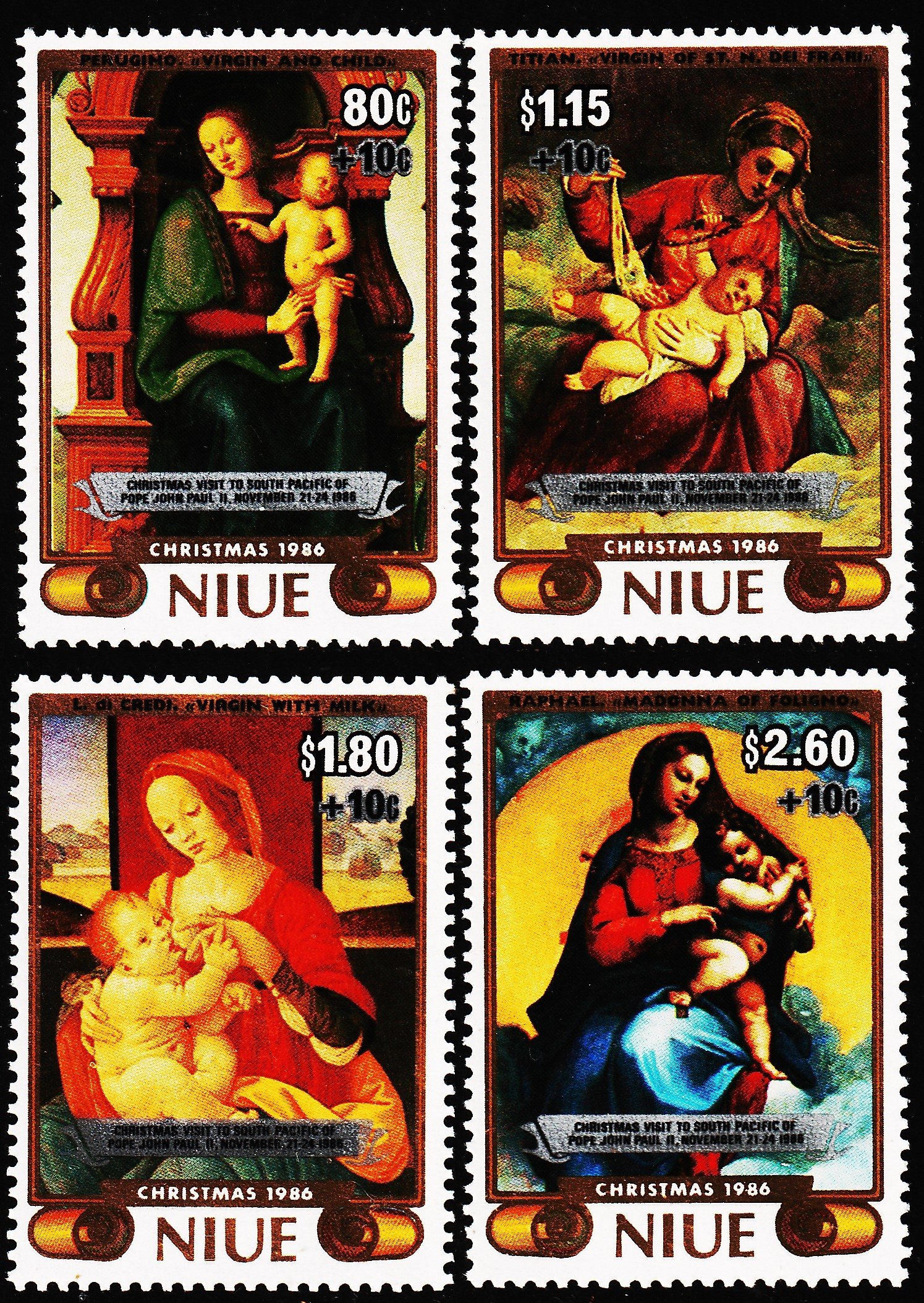 NIUE 1986 CHRISTMAS PAINTINGS OF ITALIAN ARTISTS, CHARITY ISSUE 4V SET MINT NH STAMPS #D14