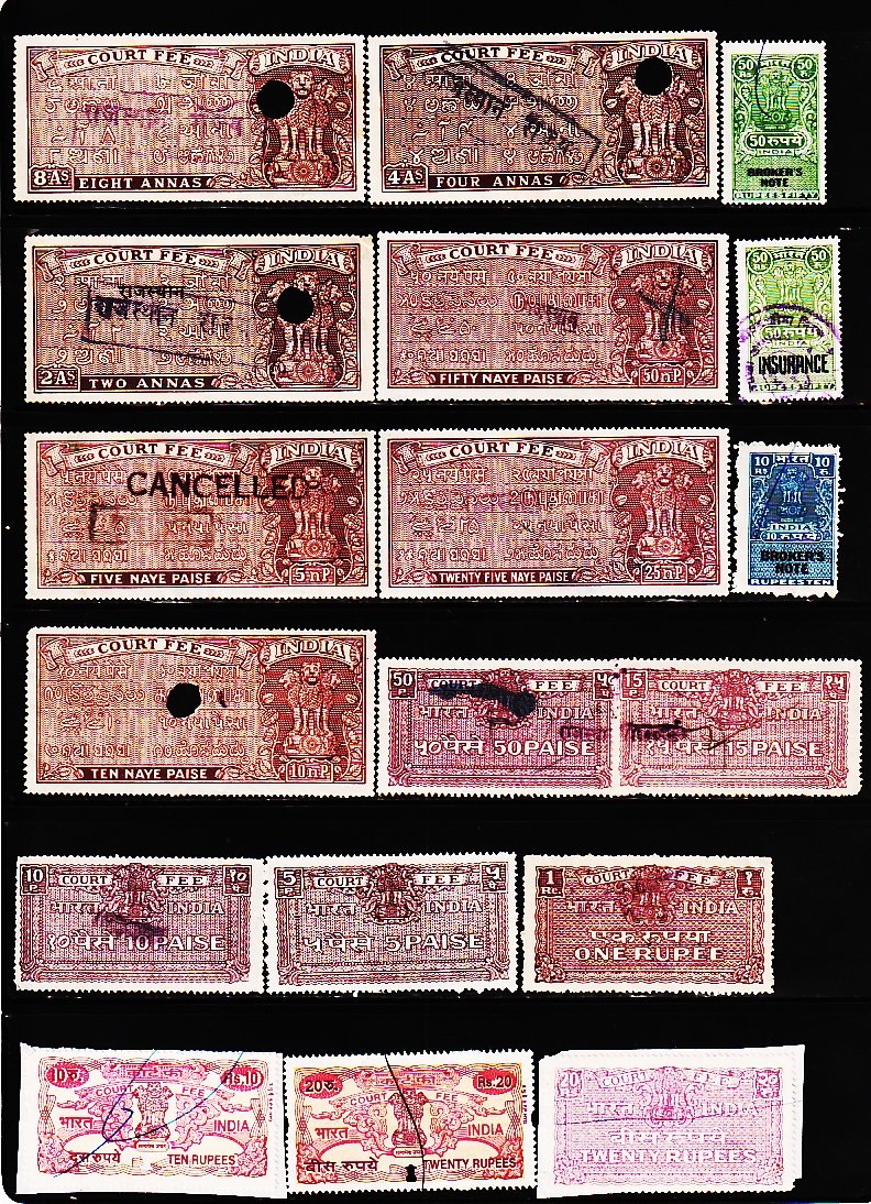 INDIA 57 DIFFERENT COURT FEE REVENUE FISCAL USED STAMPS FOR COLLECTION