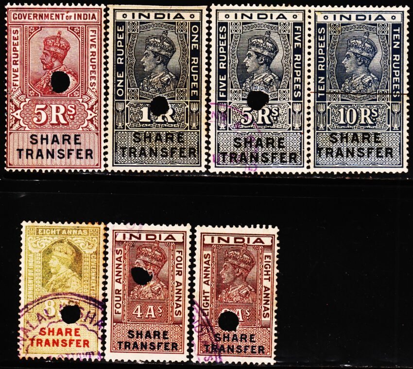 BRITISH INDIA KGV & KGVI SHARE TRANSFER 7 DIFFERENT USED STAMPS