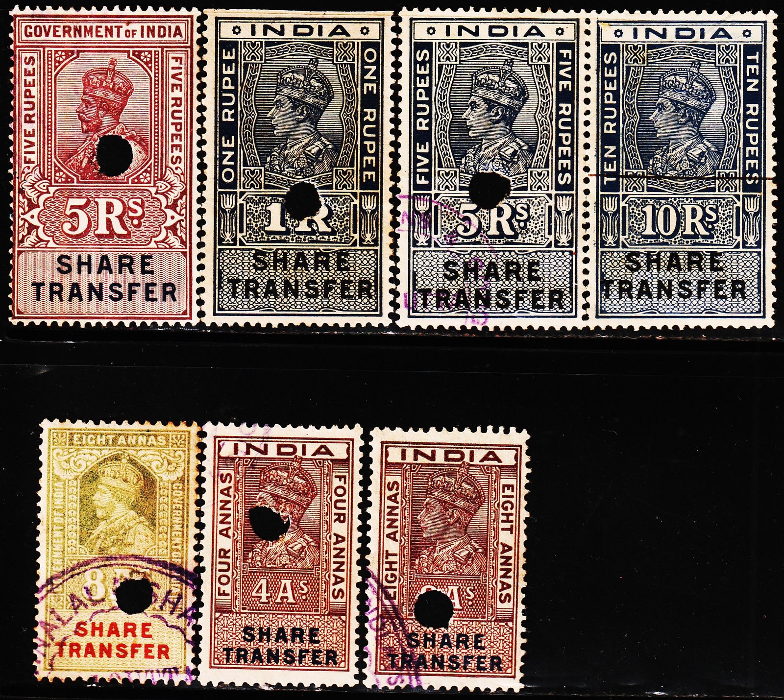 BRITISH INDIA KGV & KGVI SHARE TRANSFER 7 DIFFERENT USED STAMPS
