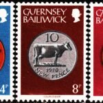GUERNSEY COINS ON STAMPS 3 DIFFERENT COW MINT NH STAMPS