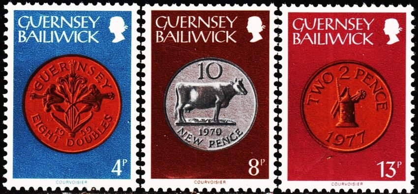 GUERNSEY COINS ON STAMPS 3 DIFFERENT COW MINT NH STAMPS